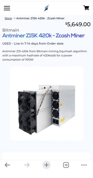 A product page for the Bitmain Antminer Z15 420k Zcash Miner, priced at $5,649.00, described as USED with 420ksol/s hashrate and 1510W power consumption.