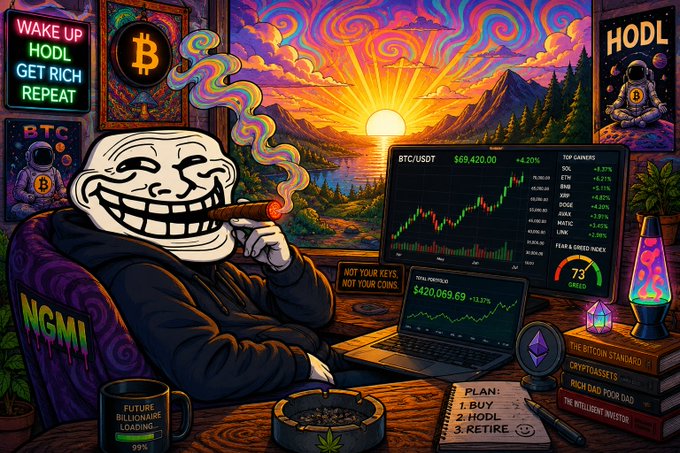 The image features an illustration of a man sitting at a desk with a laptop, surrounded by various objects such as books, a cup, and a plant. The man appears to be smoking a cigarette while working or enjoying his time. In the background, there is a computer monitor displaying stock market data, indicating that he might be involved in trading or analyzing financial markets. The post on the image reads "GM It's a great day to $TROLL", which could be interpreted as a humorous statement about the current state of the stock market or an advertisement for a cryptocurrency exchange.