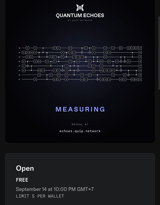 A promotional graphic for 'QUANTUM ECHOES BY QUIP NETWORK' displaying a quantum circuit diagram, the word 'MEASURING,' and reveal information at echoes.quip.network, with an open mint scheduled for September 14 at 10:00 PM GMT+7.
