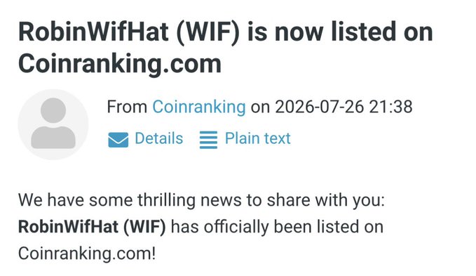 An email notification screenshot stating 'RobinWifHat (WIF) is now listed on Coinranking.com', dated 2026-07-26 21:38, announcing the official listing of the cryptocurrency.
