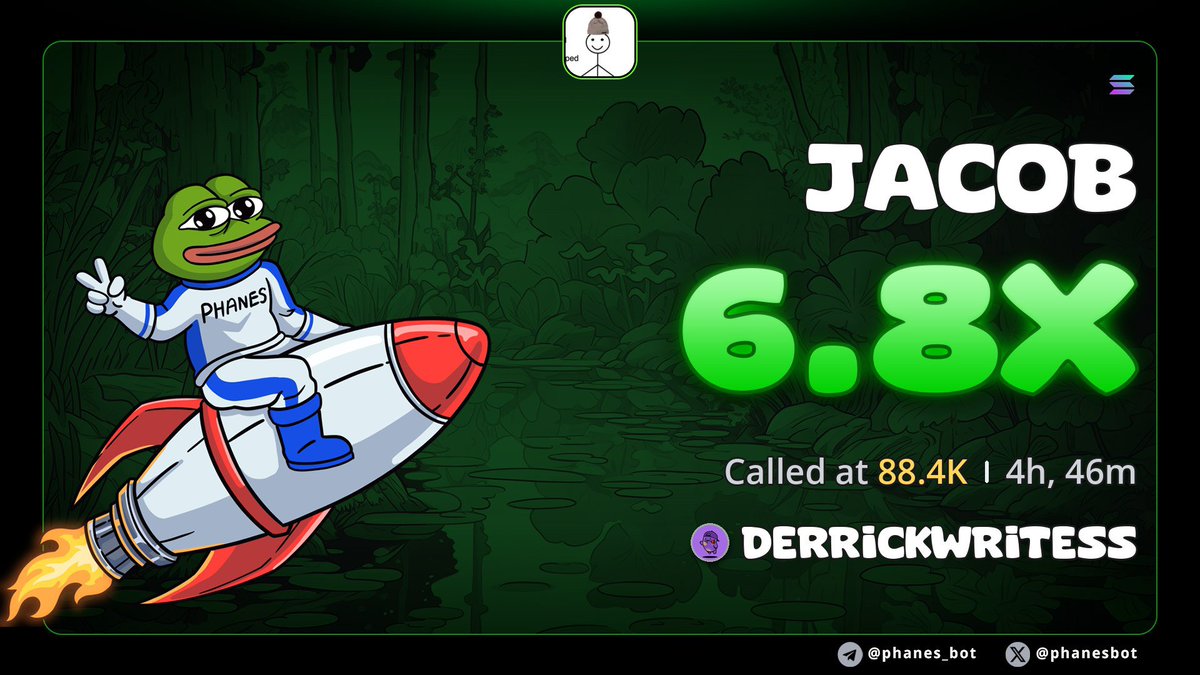 A graphic shows a Pepe the Frog character in a 'PHANES' shirt riding a rocket ship, with text reading 'JACOB 6.8X Called at 88.4K | 4h, 46m DERRICKWRITESS' and social handles '@phanes_bot' and '@phanesbot'.