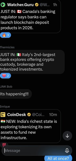 A Telegram chat screenshot shows posts from "Watcher.Guru" and "CoinDesk" about banking and crypto news, including Canada allowing blockchain deposits in 2026, Italy's bank exploring crypto, and India's richest state tokenizing assets.