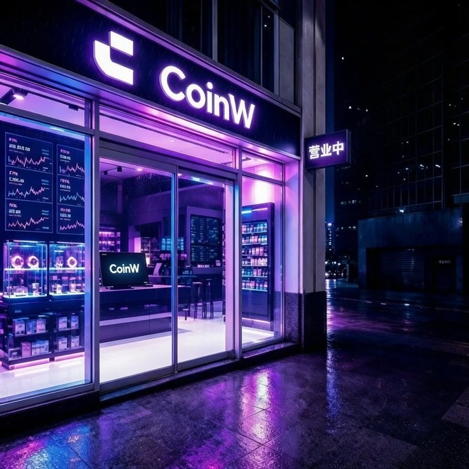 A neon-lit CoinW storefront glows in purple and pink at night, featuring digital charts, trading screens, and an "营业中" (Open) sign. The image envisions a futuristic crypto retail experience, aligning with the post's prompt about designing a dream CoinW store with immersive trading displays.