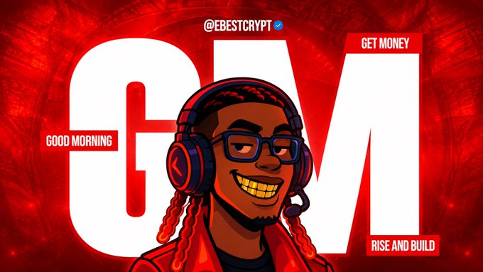 A stylized cartoon illustration of a smiling man with red dreadlocks and glasses wearing a headset, set against a red background with large white "GM" letters and text reading "GOOD MORNING," "GET MONEY," "RISE AND BUILD," and "@EBESTCRYPT".