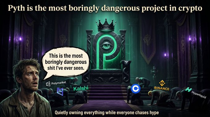 The image features a poster with a cartoon depiction of a man standing next to a throne-like structure, which appears to be a castle or palace. The text on the poster reads "Pyth is the most boringly dangerous project in crypto", indicating that the poster is promoting a cryptocurrency called Pyth. The poster also includes various logos and text related to Bitcoin and other cryptocurrencies, suggesting that it is part of a larger campaign to promote these digital assets.