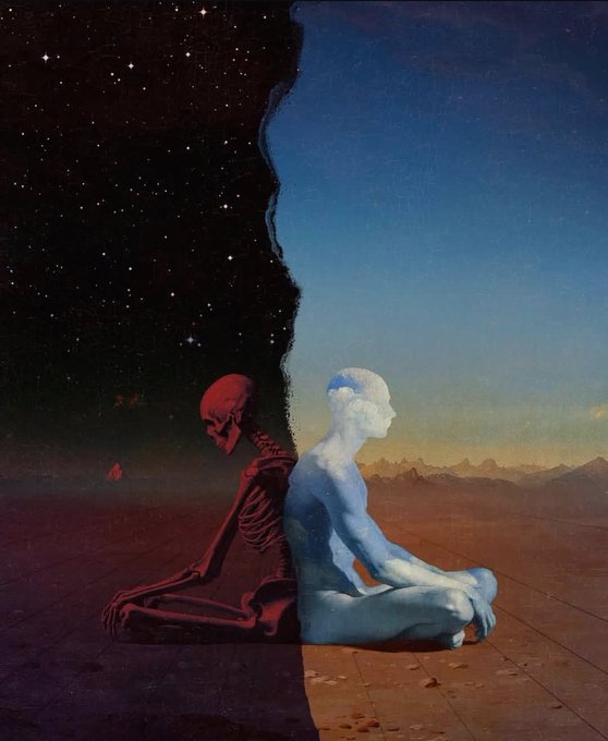 This image features a sitting blue entity and a skeleton in its image with one half sitting in a desert and the other in outer space under a night sky. The dichotomy could be reflective of building experiences that merge the digital and the physical, the owned and the rented, and the present and the expansive future of Web3.