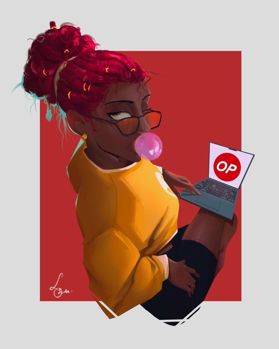 The image features an illustration of a woman with red hair wearing glasses, holding a laptop computer while chewing gum. She has a pink bubblegum bubble in her mouth. The background of the image is red, which complements the overall color scheme of the illustration. The text on the image reads "Good morning $PvE We have been silent for a while but we're not done. The team is cooking behind the scenes. The silence is worth it. Good things take time. $OP".