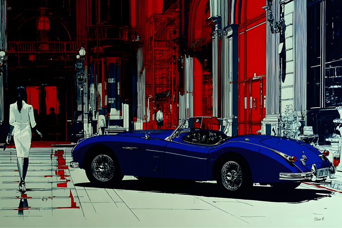 Stylized illustration of a blue vintage convertible sports car parked on a wet street beside a woman in a white dress, with bold red building facades in the background.