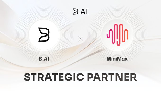 The image features a logo for two companies, B.AI and MiniMax, who have joined forces to create a strategic partnership focused on advancing the future of AI-native applications and autonomous agents. The logo includes a black "B" above a pink "A", symbolizing the collaboration between these two entities in the field of artificial intelligence.