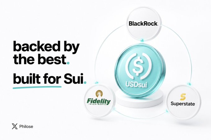 Promotional graphic for Philose/Philoso branding USDSui, reading 'backed by the best. built for Sui.' featuring logos for BlackRock, Fidelity, and Superstate around a central USDSui token.