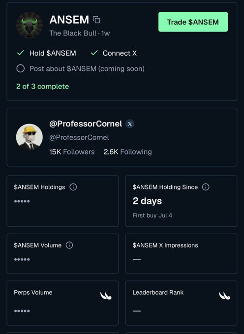 Crypto dashboard for '$ANSEM' (The Black Bull) showing 2 of 3 tasks complete, with follower stats for '@ProfessorCornel' and holding/volume metrics.