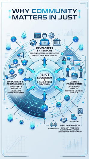 A blue-themed infographic titled "WHY COMMUNITY MATTERS IN JUST" displays a circular ecosystem diagram centered on the "JUST ECOSYSTEM" for "LONG-TERM GROWTH," connected to four key groups: Developers & Creators (building protocols, driving innovation), Supporters & Ambassadors (advocacy and brand awareness), Users & Participants (fostering liquidity and DeFi), and DeFi Innovation (new products and faster transactions), illustrating how each stakeholder group supports the project's decentralized finance mission.