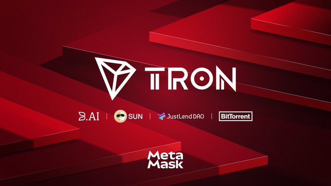 A promotional graphic for TRON featuring its diamond logo in white against a layered red 3D background, with partner logos including Z.AI, SUN, JustLendDAO, BitTorrent, and MetaMask.