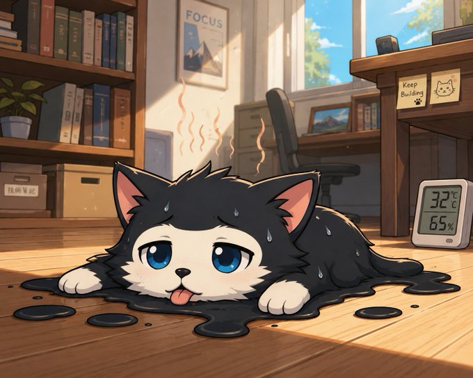 An anime-style illustration of a cute black and white kitten melting into a puddle on a wooden floor, with a 'FOCUS' poster and a 'Keep Building' sticky note visible in a cozy home office setting.