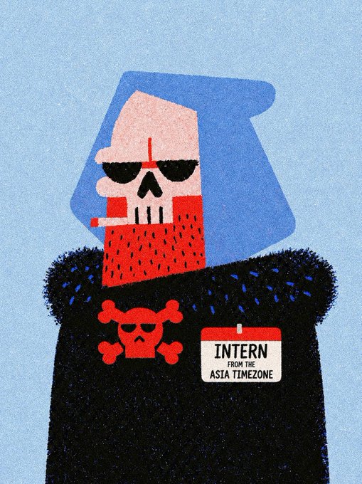 An illustration depicts a grim-reaper-style skeleton wearing sunglasses and a black fuzzy sweater featuring a red skull and crossbones, with an ID badge reading 'INTERN FROM THE ASIA TIMEZONE'.