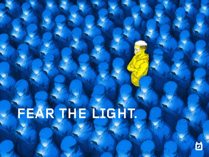 An anime-style illustration showing a yellow-jacketed figure with glowing white hair standing out against a vast blue crowd of similar figures looking at phones, with the text 'FEAR THE LIGHT.' at the bottom.