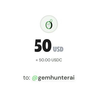 A graphic from Ramp Network displays a "50 USD" reward (≈ 50.00 USDC) being sent to "@gemhunterai," with the accompanying post announcing this user as a giveaway winner who earned $50 in their Ramp Network wallet for sharing their referral code.