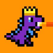 A pixel art purple dinosaur wearing a yellow crown breathes a jet of orange fire, evoking a "Tiny Dino" meme tied to $Stable and onchain pixel-art NFTs promoted in the post.