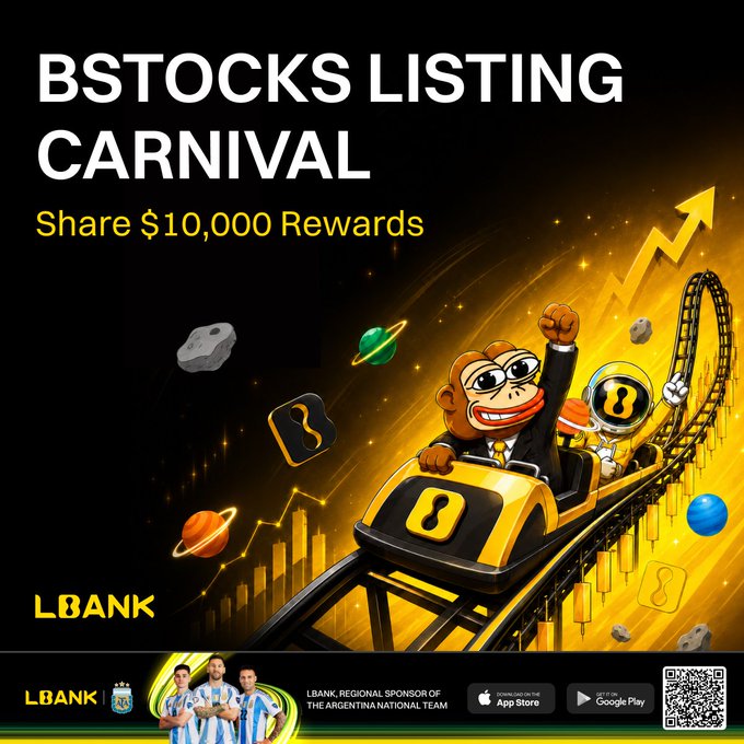 A promotional graphic for the "BSTOCKS LISTING CARNIVAL" on LBank, featuring a cartoon monkey in a suit riding a roller coaster-themed bStocks coin amid planets, asteroids, and an upward stock chart, advertising a $10,000 reward share and noting LBank as a regional sponsor of the Argentina National Team.