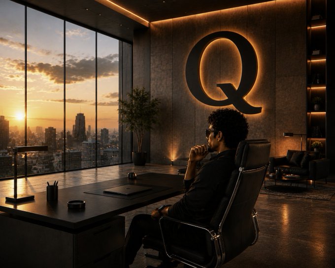 The image shows a man sitting at his desk, which has a large window overlooking a city skyline during sunset. The man appears to be deep in thought or contemplating something, possibly related to the content of the post he's reading. The setting suggests that the man is in an office environment, as there are multiple books and other items on the desk. The image conveys a sense of calmness and focus, with the city skyline providing a serene backdrop for the man's contemplative moment.
