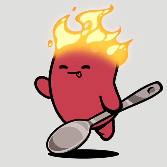 A cute cartoon illustration of a red flame-headed character sticking its tongue out while holding a metal spoon.