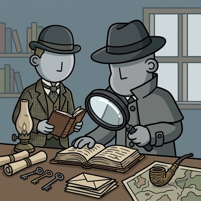 The image features two men dressed as characters from a novel or comic book series, both wearing hats and holding magnifying glasses over an open book. The scene takes place around a table with various objects such as a pipe, a keychain, and a map. The text in the image suggests that this is a post about a NFT project called @npconchain, which has been receiving positive feedback from its community. The reason behind the success of this project could be attributed to factors like the big collection it offers, the strong sense of community among its users, and the clean art style.