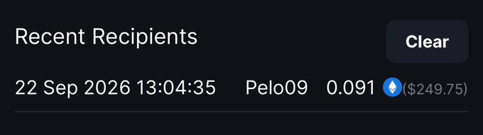 A screenshot of a "Recent Recipients" list showing a transaction on 22 Sep 2026 13:04:35 where Pelo09 received 0.091 ETH ($249.75), documenting the giveaway winner payout referenced in the post congratulating @pelo_08.