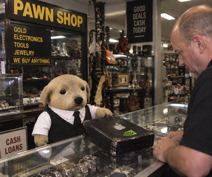 A teddy bear wearing a black vest and tie sits behind a glass counter in a pawn shop, with a sign reading 'PAWN SHOP - GOLD, ELECTRONICS, TOOLS, JEWELRY, WE BUY ANYTHING - GOOD DEALS CASH TODAY', as a man examines a black laptop case featuring an Nvidia logo.
