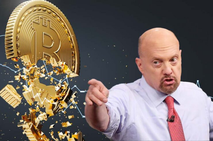 Jim Cramer points at a breaking gold Bitcoin coin, illustrating his “Buy Bitcoin” call followed by a market sell-off that liquidated roughly $550 million in long positions. The shattered coin symbolizes the rapid reversal and the reliability of the cited “human indicator” prediction.