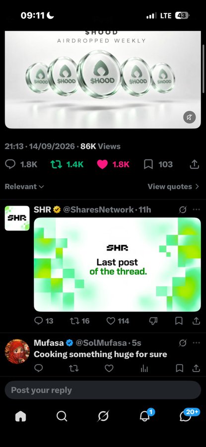 A smartphone screenshot showing Twitter/X posts, including one from 'SHR @SharesNetwork' about '$HOOD' being 'AIRDROPPED WEEKLY' and a reply from 'Mufasa @SolMufasa' saying 'Cooking something huge for sure'.