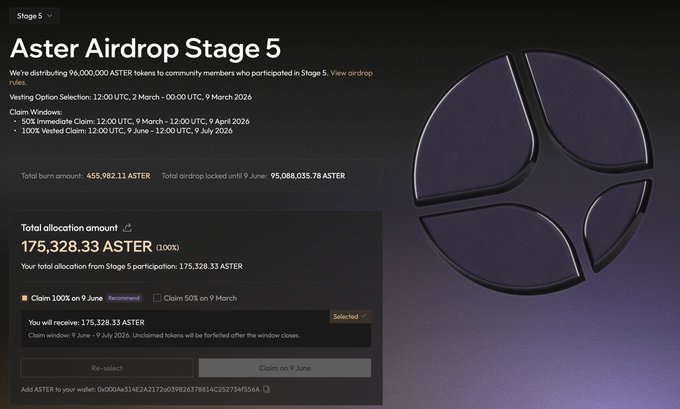 The image shows an advertisement for an airdrop service, specifically for the Aster Airdrop Stage 5 platform. The ad displays a purple circle with a star inside, accompanied by text that explains the process of claiming an airdrop. It also mentions that the claim window will be open in less than 3 days and that it is important to claim your airdrop if you were trading on the Aster DEX platform.