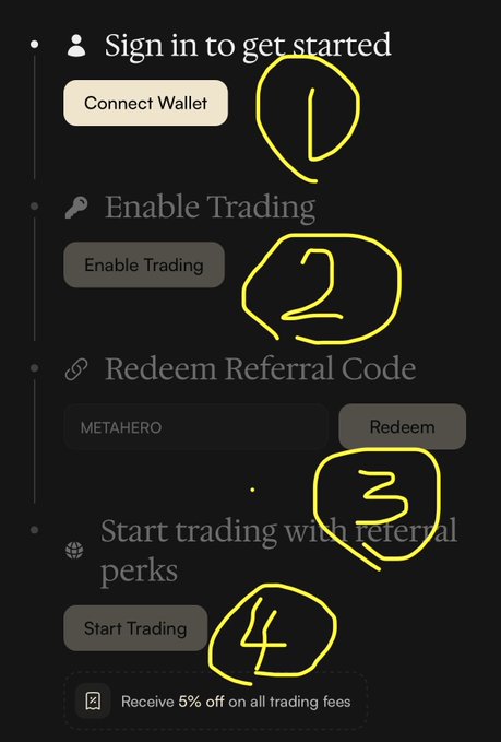 A four-step onboarding guide for a trading platform: 1. Connect Wallet, 2. Enable Trading, 3. Redeem Referral Code 'METAHERO', and 4. Start Trading to receive 5% off fees.