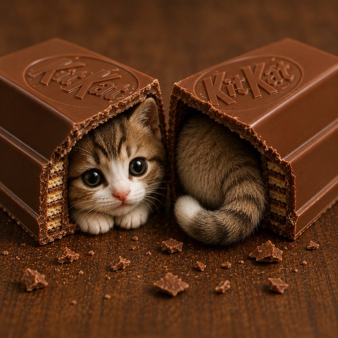 An adorable calico kitten peeks out from inside a large KitKat chocolate bar that has been broken in half, with chocolate crumbs scattered on a wooden surface.
