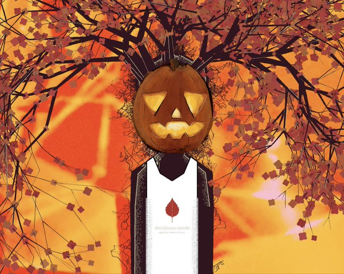 An illustrated artistic scene with autumn vibes featuring a figure wearing a jack-o'-lantern/pumpkin head standing before a backdrop of fall foliage and a warm orange sunset, with a white tabard reading 'deciduous mode'.