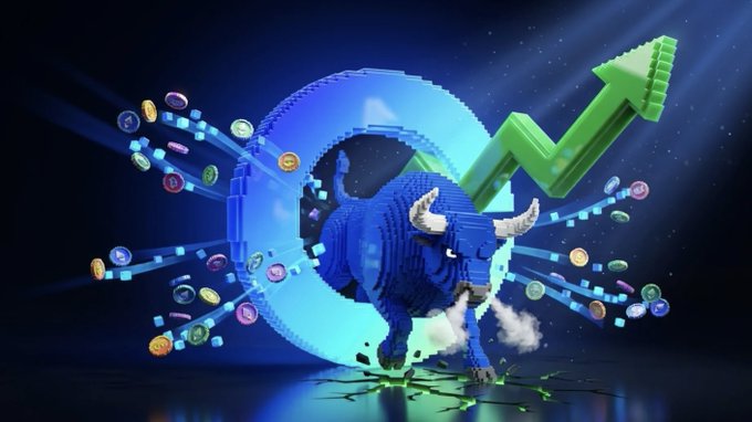 A stylized 3D illustration of a blue Lego-like bull standing in front of a digital ring, accompanied by a large green upward arrow, flying cryptocurrency coins, and stock market candlestick charts against a dark blue background.