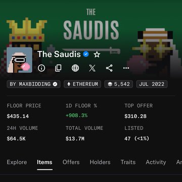 The image shows the OpenSea collection page for "The Saudis" NFT project, displaying a floor price of $435.14 (approximately 0.24 ETH) and a 24-hour volume of $64.5K, with a total volume of $13.7M across 5,542 items. This data supports the post's claim about the current floor price while providing context for the alleged suspicious pre-announcement buying activity the author investigated.