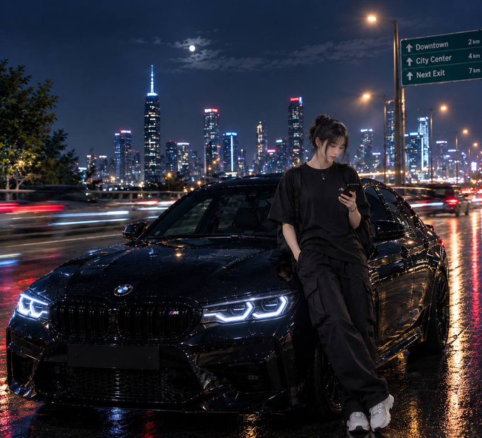 A woman dressed in black leans against a black BMW M car on a wet city street at night, holding a phone, with a brightly lit city skyline and highway signs visible in the background.