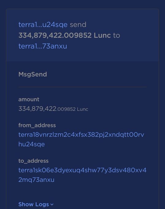 A cryptocurrency transaction record on a blockchain explorer showing a MsgSend transfer of 334,879,422.009852 Lunc from one Terra address (terra18vnrzlzm...) to another (terra1sk06e3...).