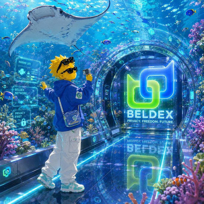 The image is a vibrant digital illustration showing a stylized character in sunglasses and a blue "BELDEX" hoodie exploring an underwater-themed corridor filled with marine life, with a large manta ray overhead and a glowing portal displaying the Beldex logo and tagline "BELDEX - PRIVACY. FREEDOM. FUTURE." alongside floating HUD panels labeled "MARINE LIFE," "BELDEX NETWORK," and "PRIVACY FIRST," while the Beldex logo is reflected on the wet floor. It visually represents the Beldex privacy crypto project that the post discusses regarding its shift toward account-based addresses for EVM compatibility.