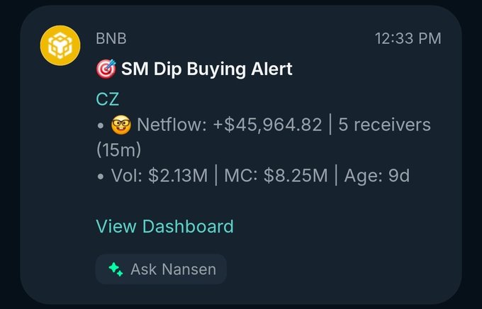 A dark-themed notification alert for BNB showing 'SM Dip Buying Alert' for CZ with Netflow: +$45,964.82, 5 receivers, and options to 'View Dashboard' or 'Ask Nansen'.