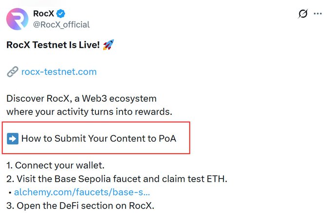 A screenshot of a RocX Twitter post from @RocX_official announcing “RocX Testnet Is Live! 🚀” and linking to rocx-testnet.com. It highlights “How to Submit Your Content to PoA” and lists steps: connect your wallet, claim test ETH through the Base Sepolia faucet at alchemy.com/faucets/base-s..., and open the DeFi section on RocX.
