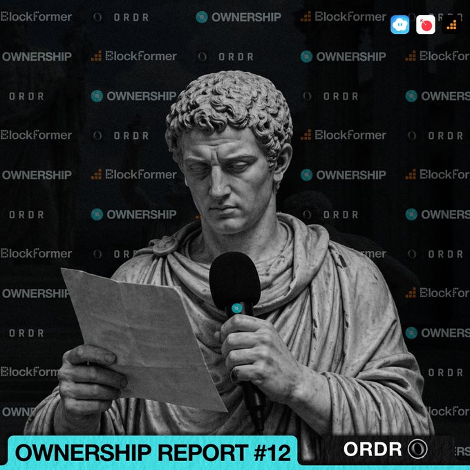 A classical stone statue of a Roman figure holds a microphone and reads from a paper against a backdrop of repeating "OWNERSHIP," "ORDR," and "BlockFormer" logos, promoting "OWNERSHIP REPORT #12" featuring interviews with the COO and CEO of ORDR ahead of its July 27 raise on Futard.