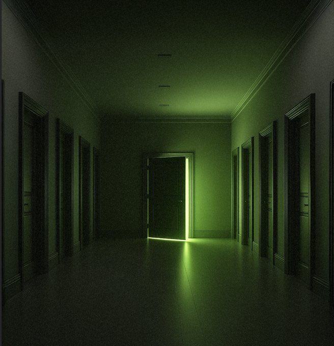 A dark, eerie hallway illuminated by green light emanating from a partially open door at the end.