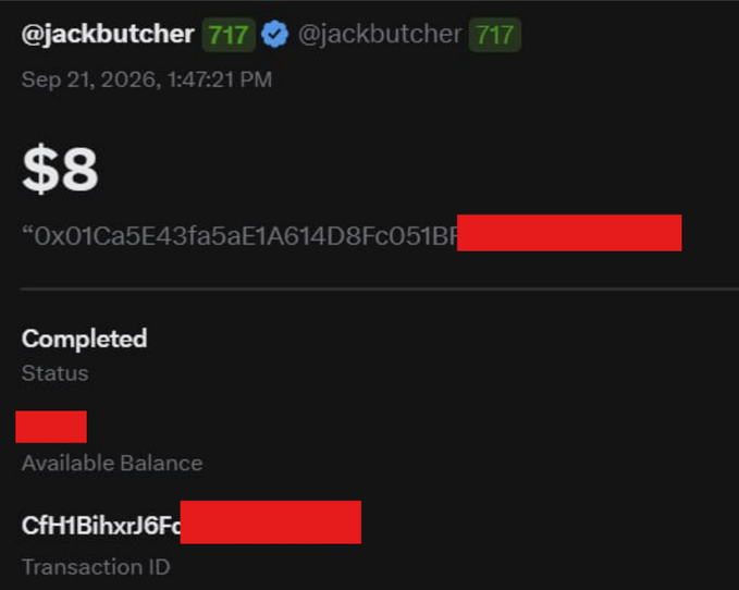 A screenshot of a completed $8 cryptocurrency transaction from @jackbutcher (verified, 717) dated Sep 21, 2026, with the address beginning '0x01Ca5E43fa5aE1A614D8Fc051BF' and transaction ID 'CfHIBihxrJ6Fc' partially redacted.