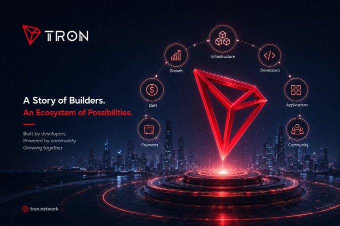 A promotional graphic for the TRON blockchain featuring its red geometric logo, with the text "A Story of Builders. An Ecosystem of Possibilities. Built by developers. Powered by community. Growing together." The logo is surrounded by circular icons representing Infrastructure, Developers, Applications, Community, Payments, DeFi, and Growth.