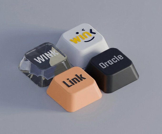 A 3D render of four mechanical keyboard keycaps arranged together, featuring the text 'WINK' on a transparent keycap, 'Link' on a peach-colored keycap, 'Oracle' on a black keycap, and a yellow 'win' smiley face logo on a white keycap.