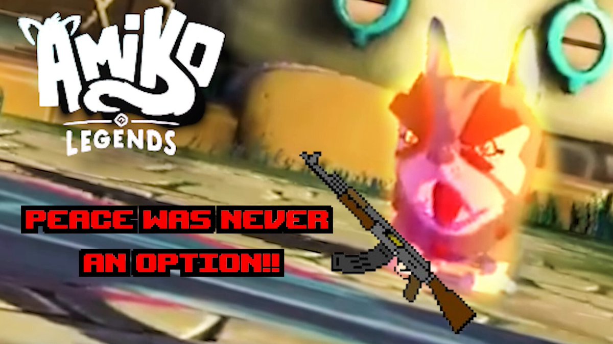 The image features an animated cat character with a gun, which appears to be playing a video game. The background of the image shows a cartoonish scene that includes a couch and a chair. There are also two people visible in the image, one on each side of the cat character. The text "Peace was never an option!" is written above the cat character's head, indicating a message related to peace or conflict resolution within the game.