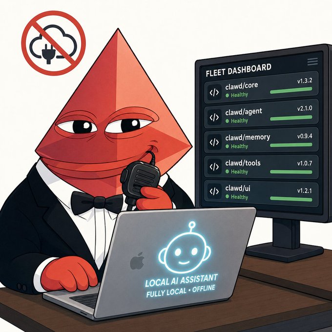 A cartoon illustration depicts a red pyramid-shaped character in a tuxedo and bow tie holding a walkie-talkie while using a laptop labeled 'LOCAL AI ASSISTANT - FULLY LOCAL • OFFLINE', with a 'no cloud' symbol and a fleet dashboard showing healthy statuses for various clawd components.