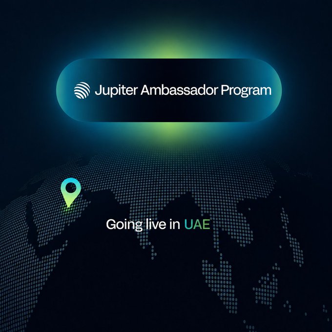 Promotional graphic for the Jupiter Ambassador Program, featuring a glowing green location pin on a dotted world map and the announcement "Going live in UAE" — visually highlighting the program's expansion into the United Arab Emirates as a community ambassador initiative.