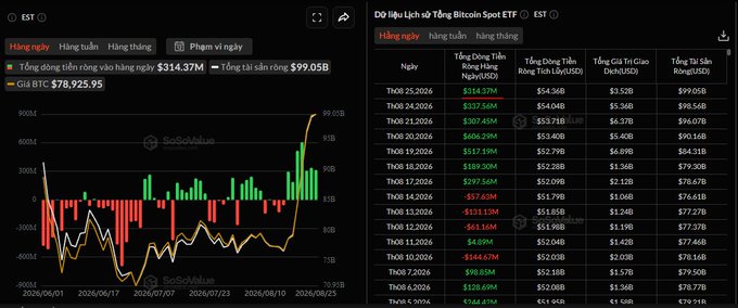 A Vietnamese financial chart of 'Dòng tiền ròng vào Tổng Bitcoin Spot ETF' (Net inflows to Total Bitcoin Spot ETF), displaying ETF ticker data including BTC at $78,925.95 with SoSoValue branding.